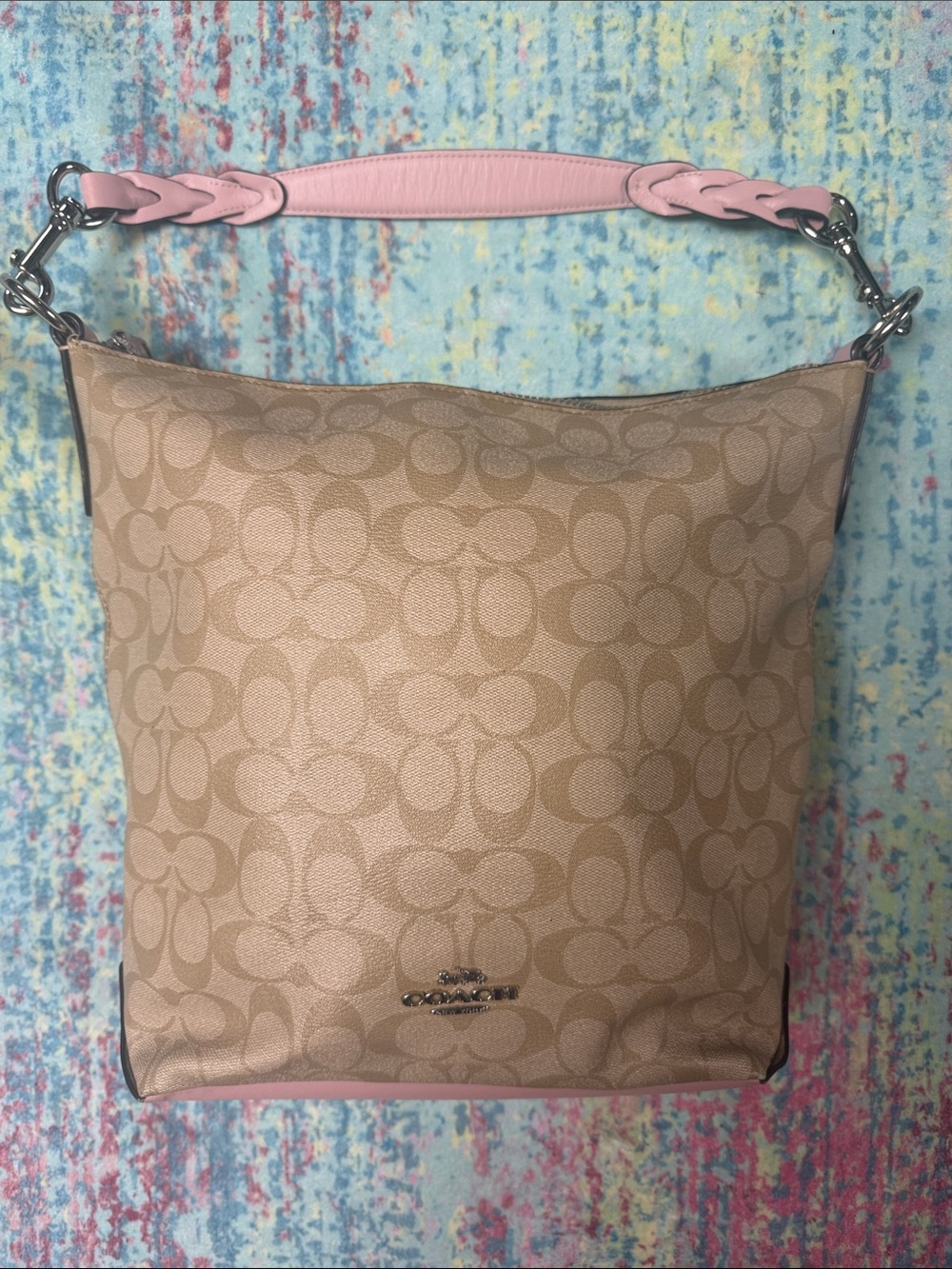 Coach Beige Signature Hobo with Pink Braided Strap